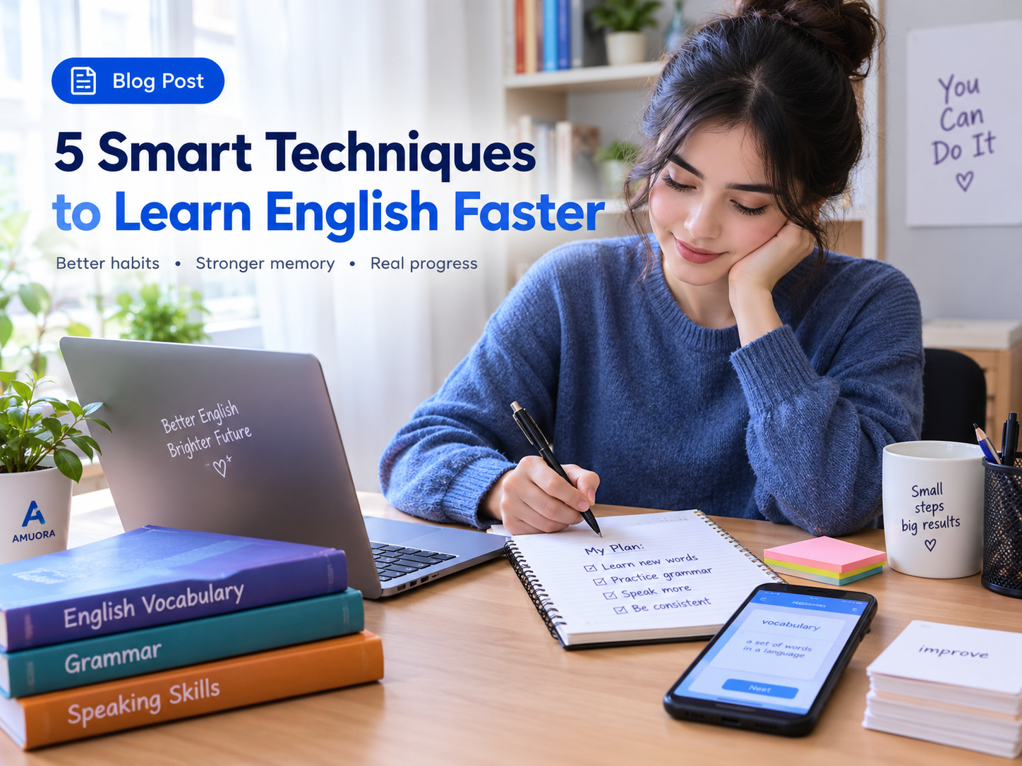 A focused English learner studying vocabulary, grammar, and speaking with smart daily learning techniques.